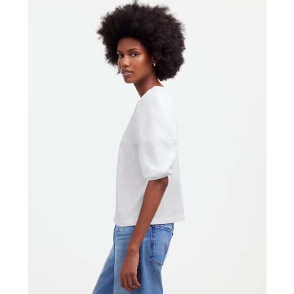 Madewell Puff-Sleeve Tee WMNS XS White Crew Neck Cotton Relaxed Fit Ruffle Trim - Picture 3 of 8
